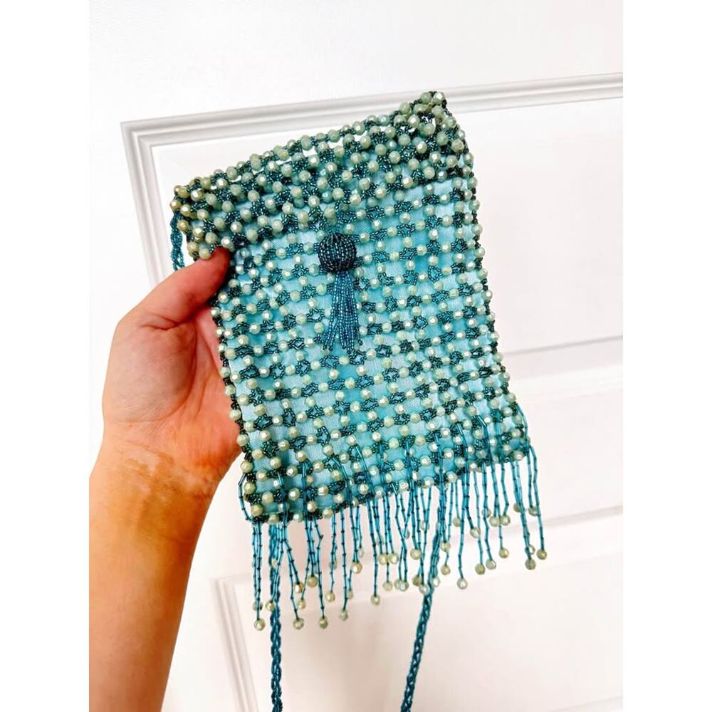 Vintage Bijoux Terner Beaded Mini Bag Teal Fringe Clutch Crossbody Y2K Purse